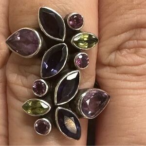 Purple and Green Gemstone Ring with Asymmetrical Design